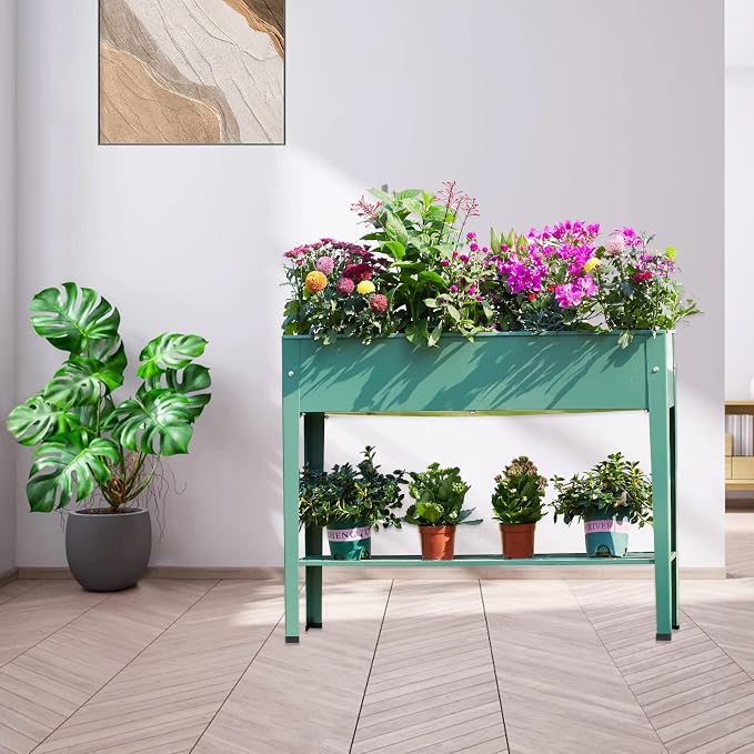 Raised Garden Bed, Elevated Green Metal Plant Box with Legs, Standing Garden Stand with Drainage Holes (40" L x 11" W x 31" H)