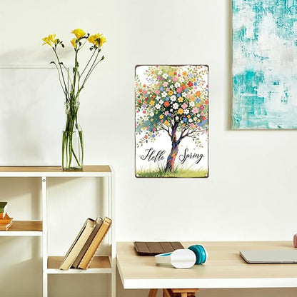 Vintage Spring Metal Tin Sign Wall Decor,Hello Spring Sign Wall Art for Home Porch Garden Yard Indoor Outdoor Wall Decor