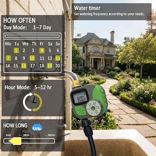 Drip Irrigation Kit Automatic Watering System with Water Timer 64FT 1/4 Tubing and 12 Rain Spray Watering Nozzles in 4 Directions for Potted Plants Yard Lawn Juvenile Plants Greenhouse Mist