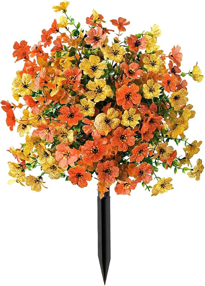 24 Inch Artificial Flower Stake Outdoor Decor - Multi-Color Garden Stakes for Yard & Lawn, No Fade Heavy Duty Plastic, All Season Decoration (Orange)