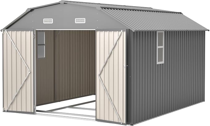 YOPTO 10×12 FT Outdoor Storage Shed,Heavy-Duty Metal Shed with Floor Base,All Weather Waterproof Tool Shed W/Diamond Roof & Windows,Lockable Double Door & 4 Air Vents,for Backyard,Patio,Lawn,Gray