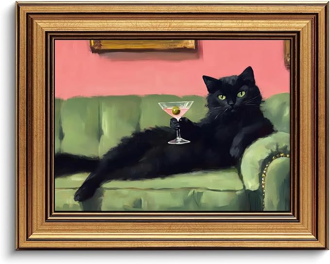 Devunaty Vintage Gold Framed Black Cat Martini Wall Art, Cocktail Bar Cart Wall Decor, Funny Cat On Green Sofa Canvas Print, Eclectic Whimsical Painting Picture For Bedroom Living Room Decor 12"x16"