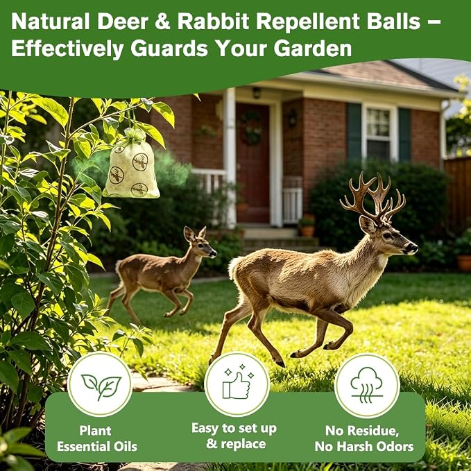 12 Pack Powerful Deer and Rabbit Repellent Pouches, Natural Rabbit Repellent Outdoor Use Safe for Kid & Pet, Effective Deer Away Deer Repellent for Plants, Garden, Yard, Lawn, Orchard & Vegetable Bed