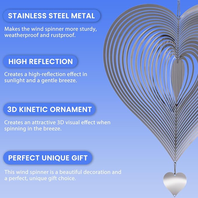 Stainless Steel Wind Spinners Outdoor Garden Decor, Gifts for Women Mom, 3D Metal Reflective Bird Devices Deterrent to Keep Scare Woodpecker Pigeon Away Outside Patio Yard House (Silver Heart,12 Inch)