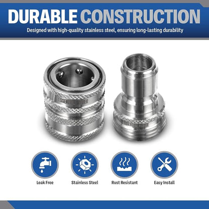 Essential Washer ¾” Stainless Steel Garden Hose Quick Connect Fittings | 1 Coupler & 3 Plugs Set