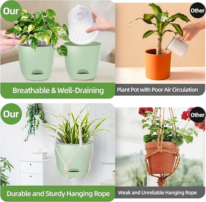 QCQHDU 2-Pack 7.1-Inch Macrame Self-Watering Hanging Planters, Pure Green | Small Plant Pots, Indoor & Outdoor, With Drainage, Two Sets of Hooks