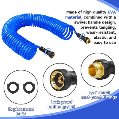 Coil Hose,3/8" EVA Coil Garden Hose 25 FT,Curly Water Hose Lightweight with Metal Connectors and Swivel Handle,Retractable Garden Hose Includes 8-Pattern Spray Nozzle for Boat, Yard, Patio