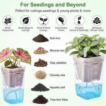 2" Clear Self Watering Pots for Indoor Plants,16PCS Mini Plastic Nursery Planters with Water Level Indicator & Drainage Holes for Propagation,Succulents,Seedling,African Violet,Plant Labels