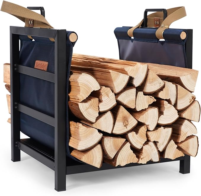Firewood Rack Indoor Outdoor with Firewood Carrier, Fireplace Wood Log Holder Heavy Duty Metal, Indooor Firewood Holder for Fireplace Wood Storage, 16 inch, Navy