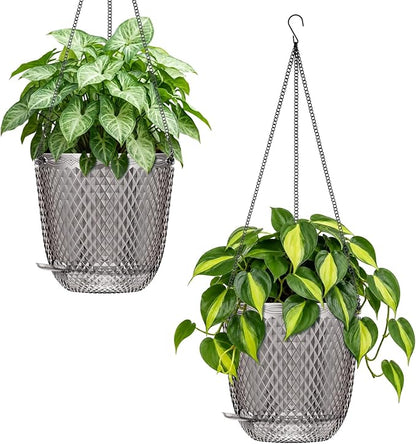 QCQHDU 5.7 Inch 2 Pack Small Hanging Planters for Indoor Outdoor Plants,Self Watering Flower Pots Hanging Basket Plant Hanger with Drainage Holes and 3 Hooks for Window Porch Garden Balcony, (Grey)