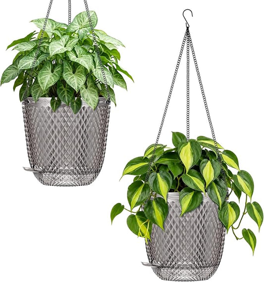 QCQHDU 5.7 Inch 2 Pack Small Hanging Planters for Indoor Outdoor Plants,Self Watering Flower Pots Hanging Basket Plant Hanger with Drainage Holes and 3 Hooks for Window Porch Garden Balcony, (Grey)