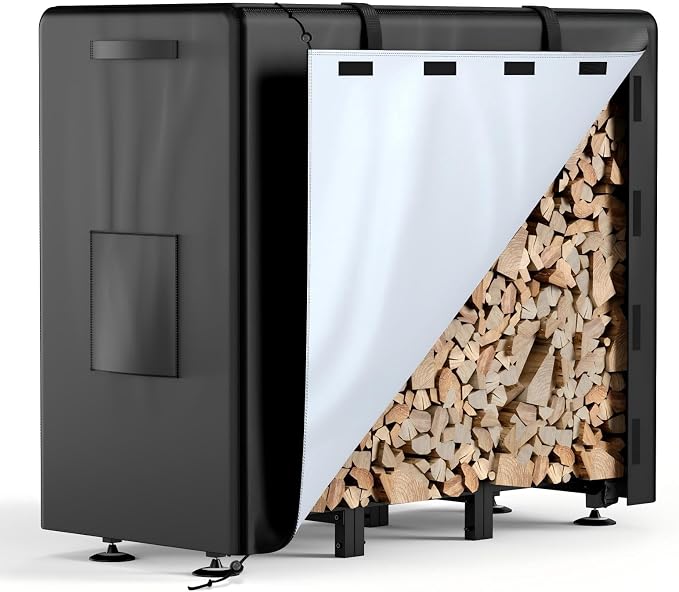 Brightown Firewood Rack Outdoor with Cover, 4FT Indoor Wood Rack for Firewood, Waterproof Fire Wood Holder Outside, Adjustable Heavy Duty Logs Stand Stacker Holder for Fireplace Patio Deck, Black