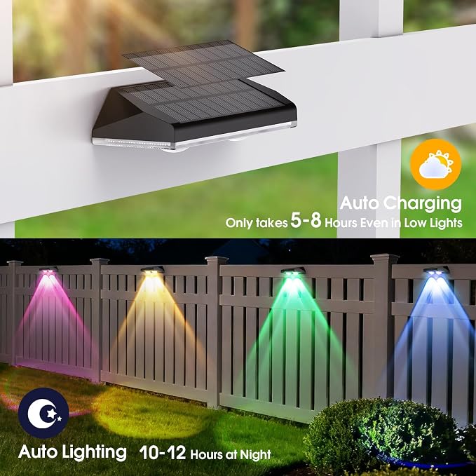 Solar Fence Lights Outdoor, Warm White & RGB Combo 8 Modes Color Changing Fence Lights Solar Powered for Outside, LED IP65 Waterproof Solar Patio Light for Step, Pathway, Garden, Deck, Stairs - 8 Pack