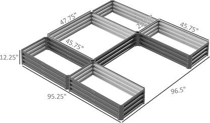 Outsunny 8 x 8ft DIY Raised Garden Bed, Large Galvanized Steel Planter Box with 5 Compartments, for Outdoor Plants, Vegetables, Flowers, Herbs, Easy Assembly, Gray