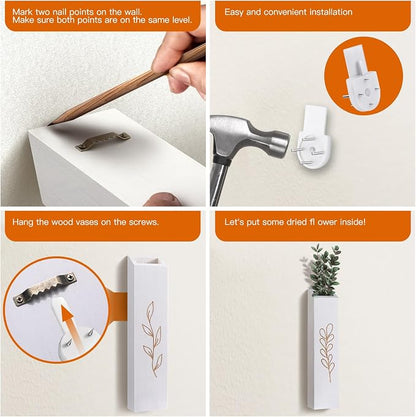 Wood Wall Planter, Farmhouse 4 Pack Indoor Pocket Wall Vases Decor for Living Room Bedroom Dried Flowers Faux Greenery Plants (White)
