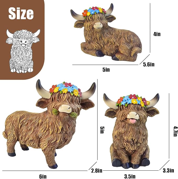 LEGIFO Highland Cow Figurine Set of 3, Funny Art Sculpture for Garden Backyard Patio Lawn Decorations, Outdoor Decor Statue Gift for Women Mom Grandma, Christmas Birthday