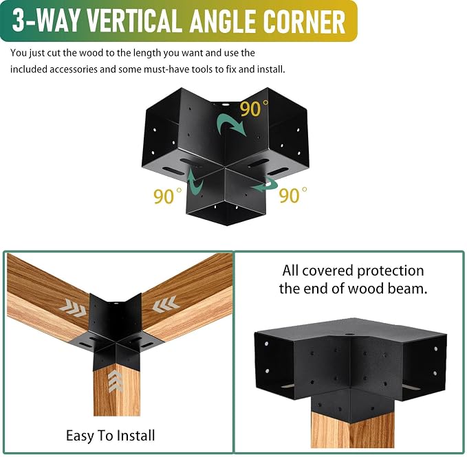 4x4 3-Way Pergola Brackets, 90° Right Angle Corner Extension Bracket Woodworks DIY Pergola kit with Black Powder Coated,Modular Sizing Gazebo Hardware for 4x4 inches Lumber(4PCS)………