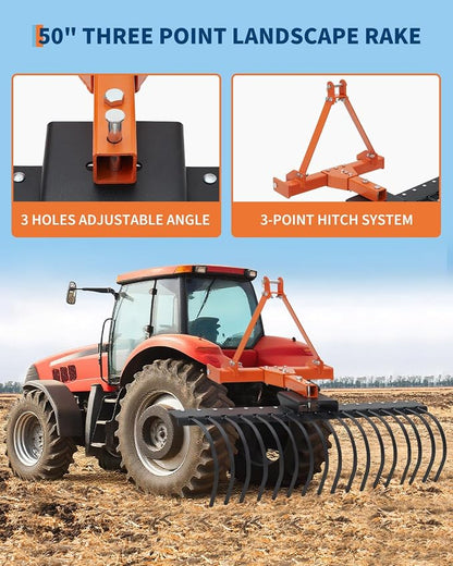 3 Point Hitch Tractor Rake, 50" Landscape Rake Category-0 Cat-1 Tractor with 360 Degree Rotation,Replaceable Spring Steel Tines, Quick Mount for Clearing Brush, Raking Arenas