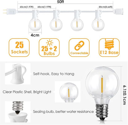 Mlambert 50Ft Outdoor String Lights, G40 Globe Patio Lights with 25+2 Waterproof Shatterproof LED Bulbs for Balcony Porch Bistro Deck-White Wire