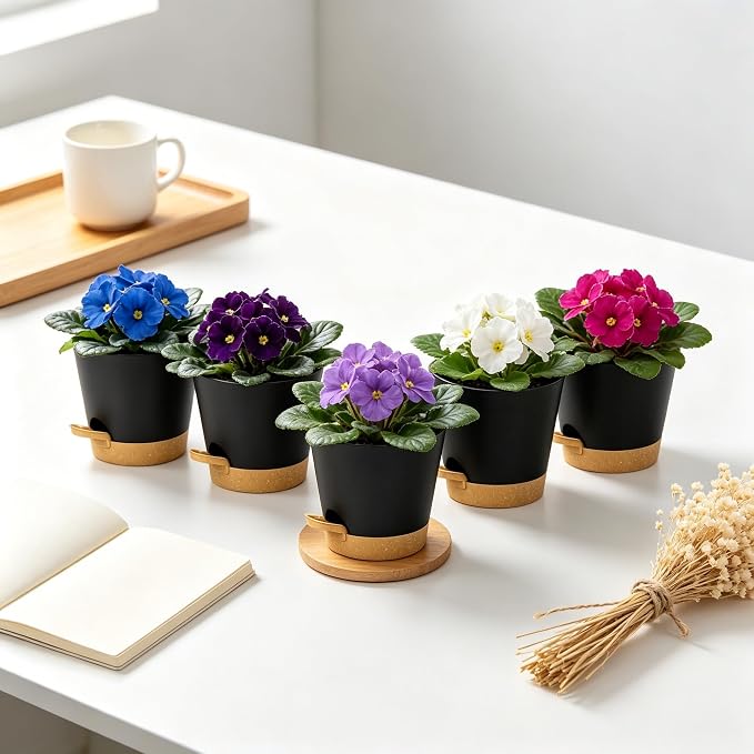 5 Pack 5 Inch African Violet Pots Self Watering, Self-Watering Planters with Drainage Holes & Reservoir, Black Brown Plastic Pots for Indoor Outdoor Plants, Succulents & Flowers