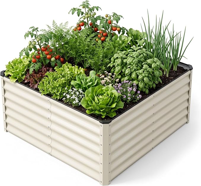 SnugNiture Galvanized Raised Garden Bed 4x4x2FT Outdoor Large Metal Planter Box Steel Kit for Planting Vegetables, Flowers, Beige White
