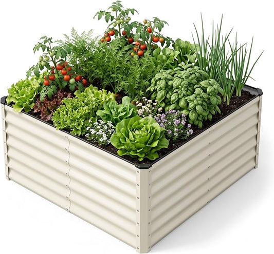 SnugNiture Galvanized Raised Garden Bed 4x4x2FT Outdoor Large Metal Planter Box Steel Kit for Planting Vegetables, Flowers, Beige White