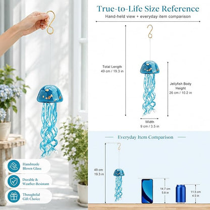 Handblown Art Glass Jellyfish Wind Chime,Glass Jellyfish Hanging Sun Catcher Wind Chime,Wind Chimes for Outside,Sea Glass Blown Wind Chimes for Beach Party,Wedding Decor(Aqua Blue)