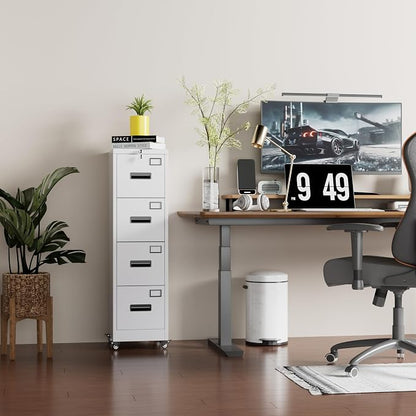 Garvee 4-Drawer White Metal File Cabinet with Individual Locks, Heavy-Duty Steel Vertical Filing Cabinet for A4, Letter & Legal Size Documents, Locking Storage Cabinet for Home Office & School
