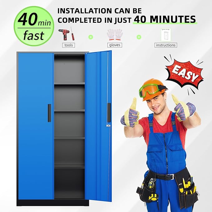 INTERGREAT Metal Storage Cabinet, 72" Locking Steel Cabinets with 2 Door and 4 Adjustable Shelves, Tall Metal Cabinet for Home Office, Garage, Warehouse, Black+Blue