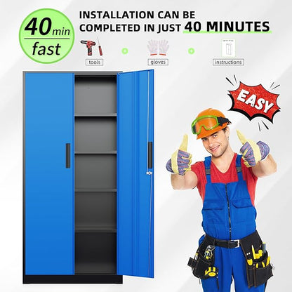 INTERGREAT Metal Storage Cabinet, 72" Locking Steel Cabinets with 2 Door and 4 Adjustable Shelves, Tall Metal Cabinet for Home Office, Garage, Warehouse, Black+Blue