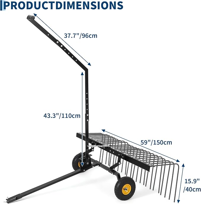 60-Inch Tow-Behind Landscape Rake, Heavy-Duty Steel Dethatcher & Pine Straw Rake for ATV, UTV, and Garden Tractors