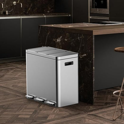 16 Gallon 3-Compartment Kitchen Trash Can, 60L Stainless Steel Step-On Recycle Bin with Soft Close Lid, Odor-Proof Triple Sorting System with 3 Removable 5.3 Gal Inner Buckets, Fingerprint-Resistant