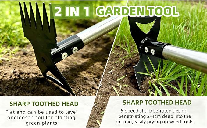 Weed Puller Tool with Long Handle (58IN) & Gloves, 2-in-1 Gardening Hand Tools Weeds Remover, Weeder Rake & Garden Hoe Combo, Manual Weeding Puller Tool for Garden Yard Patio Lawn