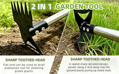 Weed Puller Tool with Long Handle (58IN) & Gloves, 2-in-1 Gardening Hand Tools Weeds Remover, Weeder Rake & Garden Hoe Combo, Manual Weeding Puller Tool for Garden Yard Patio Lawn