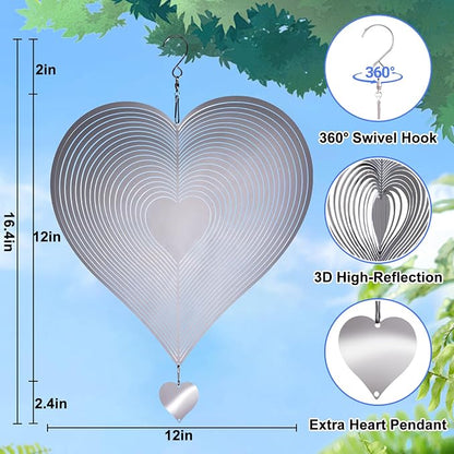 Stainless Steel Wind Spinners Outdoor Garden Decor, Gifts for Women Mom, 3D Metal Reflective Bird Devices Deterrent to Keep Scare Woodpecker Pigeon Away Outside Patio Yard House (Silver Heart,12 Inch)