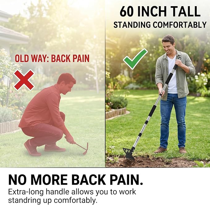 60" Weed Puller Tool with Long Handle, Heavy Duty 2-in-1 Stand Up Weeding Tool & Garden Hoe, Manual Weed Remover and Hand Rake for Yard, Lawn, Patio Gardening