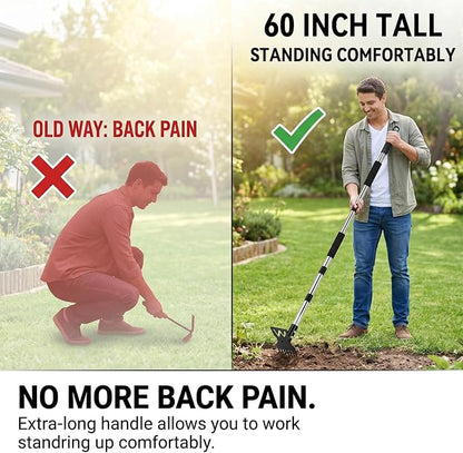 60" Weed Puller Tool with Long Handle, Heavy Duty 2-in-1 Stand Up Weeding Tool & Garden Hoe, Manual Weed Remover and Hand Rake for Yard, Lawn, Patio Gardening