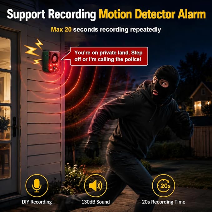 ChunHee Solar Outdoor Motion Sensor Alarm with Dog Barking Gunshot Sound, Support Recording and Adjustable Volume, 130db Loud Noise Maker 3 Work Modes Strobe Light for Home, Villa, Farm, Barn (4pack)