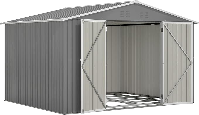 PVWIIK 10x8 FT Large Outdoor Metal Storage Shed, Heavy Duty Waterproof Steel Garden Tool Shed with Lockable Doors, Utility Storage Building for Backyard Patio Lawn Garden, Grey