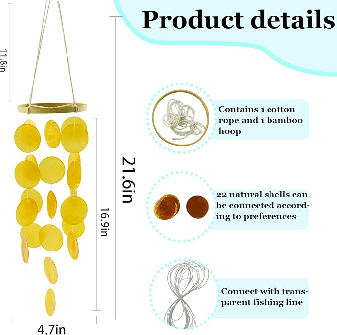 Wind Chimes Making Supplies Kits for Adults Arts and Crafts-DIY Wind Chime Parts with Bamboo Hoops Round Capiz Shells Twine String Fishing Line for Birthday Thanksgiving Gifts(Blue)