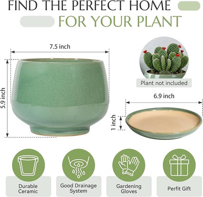7.5 Inch Flower pots for Indoor Outdoor Plants with Saucer Drainage Leak-Proof Mesh, Ceramic Planter with Gardening Gloves for Succulent and Flower(Crackled Green)
