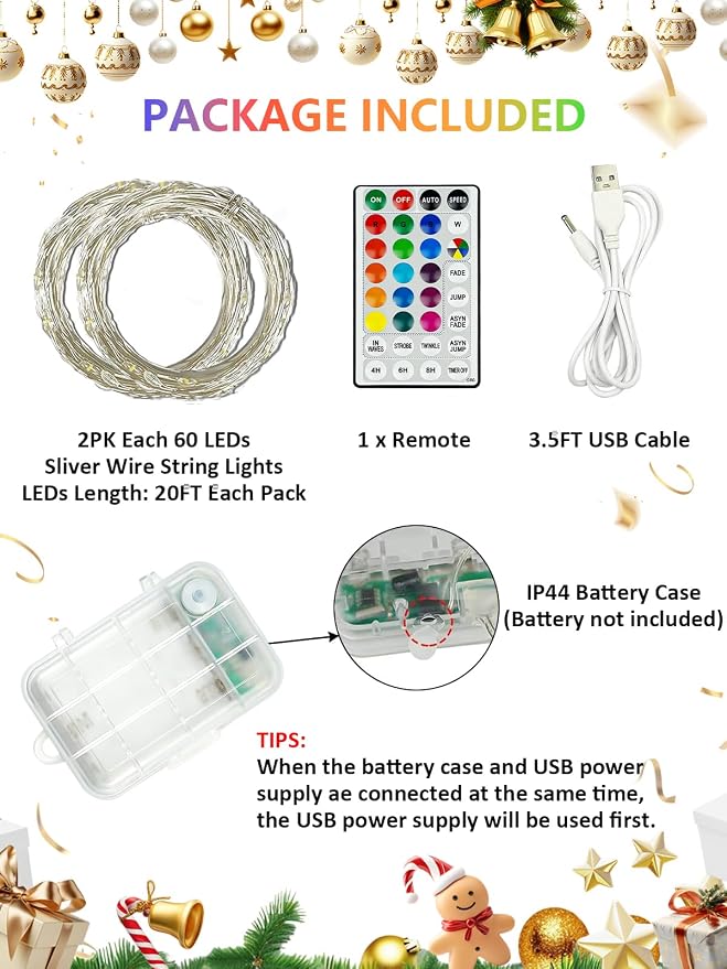 2 Pack Color Changing Fairy Lights Battery Operated, 40FT 120LED Christmas Lights with Remote & Timer, Waterproof Battery & USB RGB String Light for Indoor Outdoor Halloween Christmas Decorations