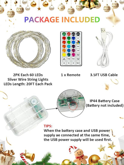 2 Pack Color Changing Fairy Lights Battery Operated, 40FT 120LED Christmas Lights with Remote & Timer, Waterproof Battery & USB RGB String Light for Indoor Outdoor Halloween Christmas Decorations