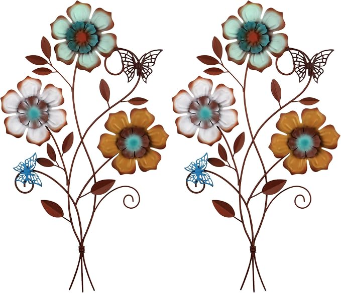 Moxweyeni Tricolor Flower Wall Decor Vintage Metal Wall Art Decor Rustic Hanging Flowers Decorative Metal Floral Art for Home Living Room Bathroom Indoor Outdoor, 15 x 9.1 Inch(2 Pieces)