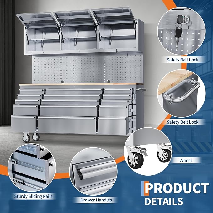 GarveeTech 72-Inch Heavy-Duty Rolling Tool Chest & Mobile Workbench, 15 Drawers & 3 Top Cabinets, Rubber Wood Tabletop, Key Locking System, Drawer Liners, Wheels, Steel Storage Cabinet for Garage