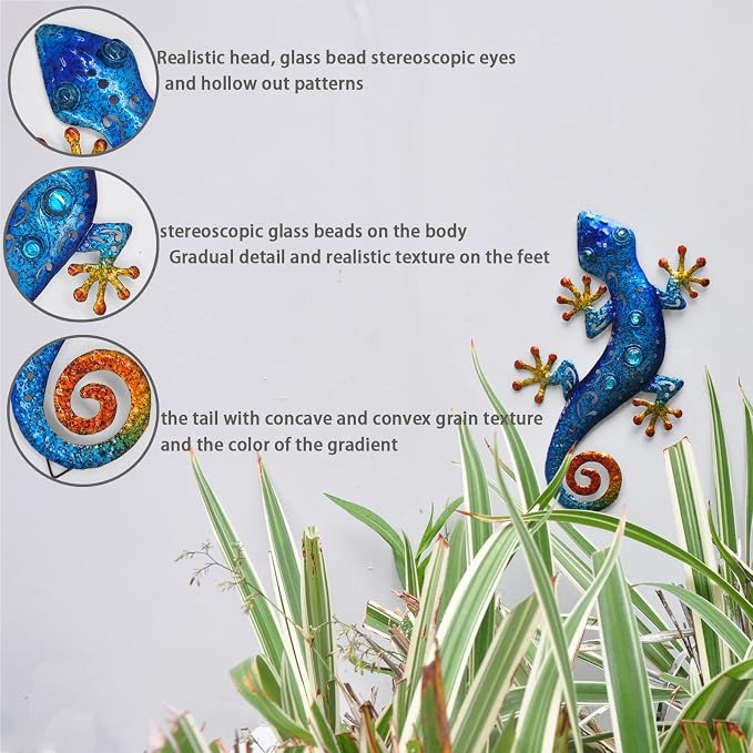 Metal Outdoor Blue Gecko Wall Decor Lizard Wall Art Suitable for Fence Yard Garden Decoration 13.5 * 8.5Inch