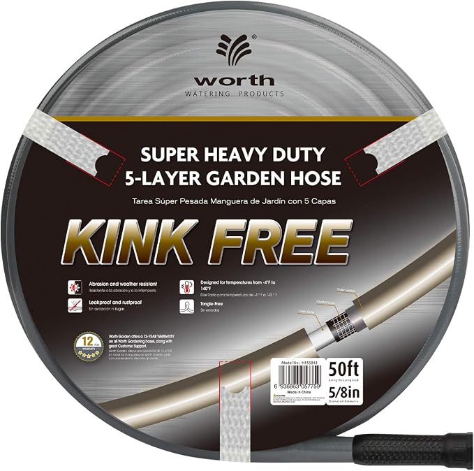 Worth Long Lead-in Gray Garden Hose 5/8 in. x 50 ft. -Kink Free, No Leaking, Male/Female Fittings -Heavy Duty Durable Flexible Lightweight Water Pipe -Brass Aluminum Ends for Household & Yard Use