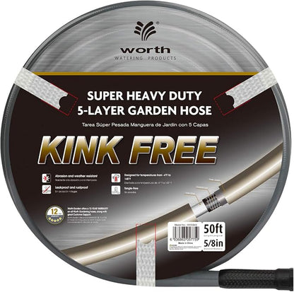 Worth Long Lead-in Gray Garden Hose 5/8 in. x 50 ft. -Kink Free, No Leaking, Male/Female Fittings -Heavy Duty Durable Flexible Lightweight Water Pipe -Brass Aluminum Ends for Household & Yard Use