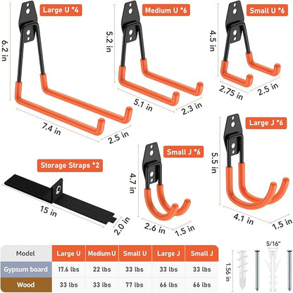 Garage Hooks, Anti-Slip Heavy Duty Wall Mount Hooks, 30-Pack | Hanging Storage for Bikes, Ladders, Hoses, Ropes, Garden Tools - For Warehouse, Workshop, Shed, Shop, Yard