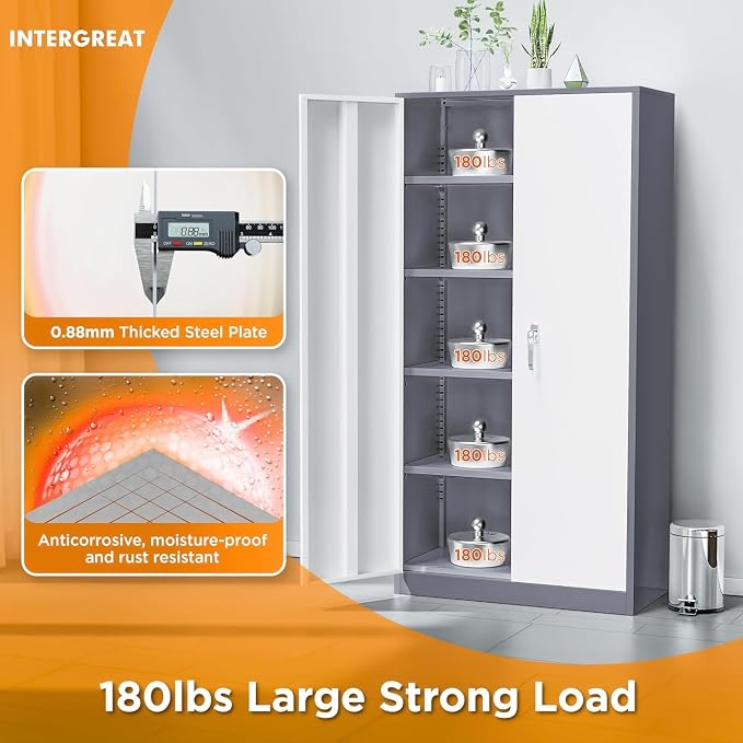 INTERGREAT Metal Storage Cabinet Doors, 72" Locking Steel Storage Cabinet with Shelves, Tall Lockable Steel Cabinets for Home Office, Garage(New Grey)